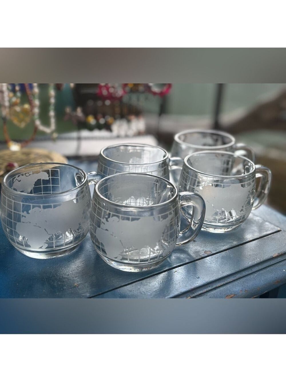 Vintage Nescafé Thick Etched Glass World Map Set of 5 Globe Mugs | 1970s Retro 🌎 - Picture 8 of 14